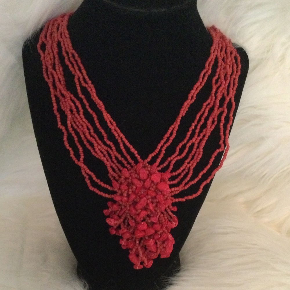 Coral red crimson bead stone necklace -